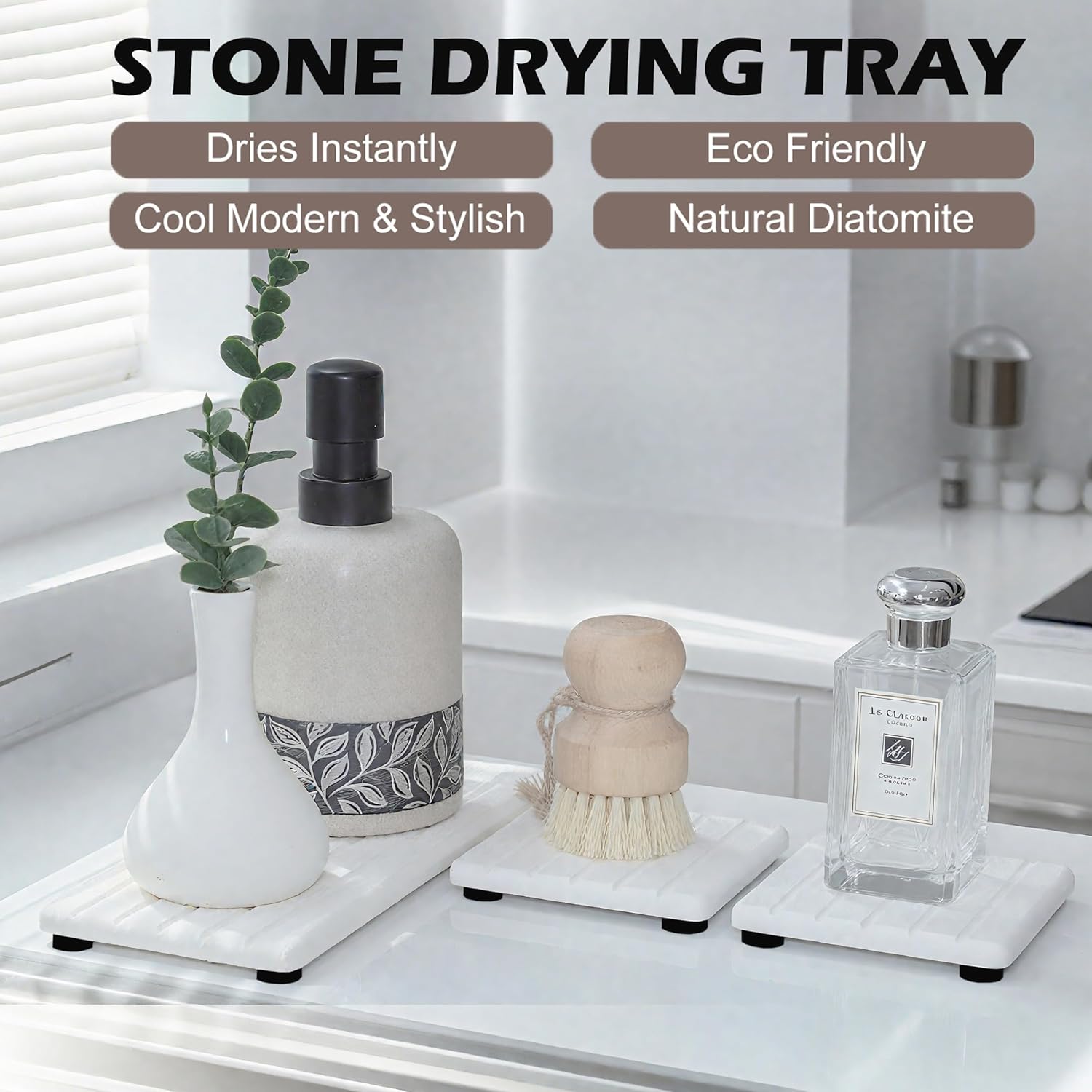 3PCS Stone Drying Tray, Stones Soap Trays, Water Absorbing Stone Tray for Sink, Fast Dry Diatomite