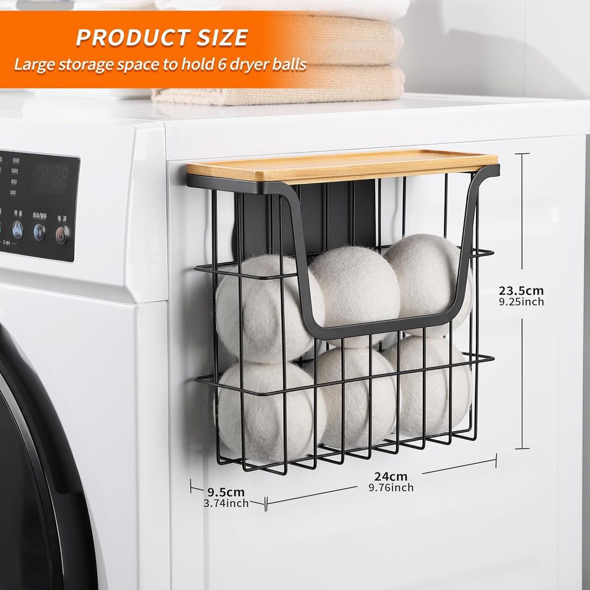 Magnetic Dryer Ball Holder - Black Basket for Laundry Room Organization and Storage with Bamboo Top