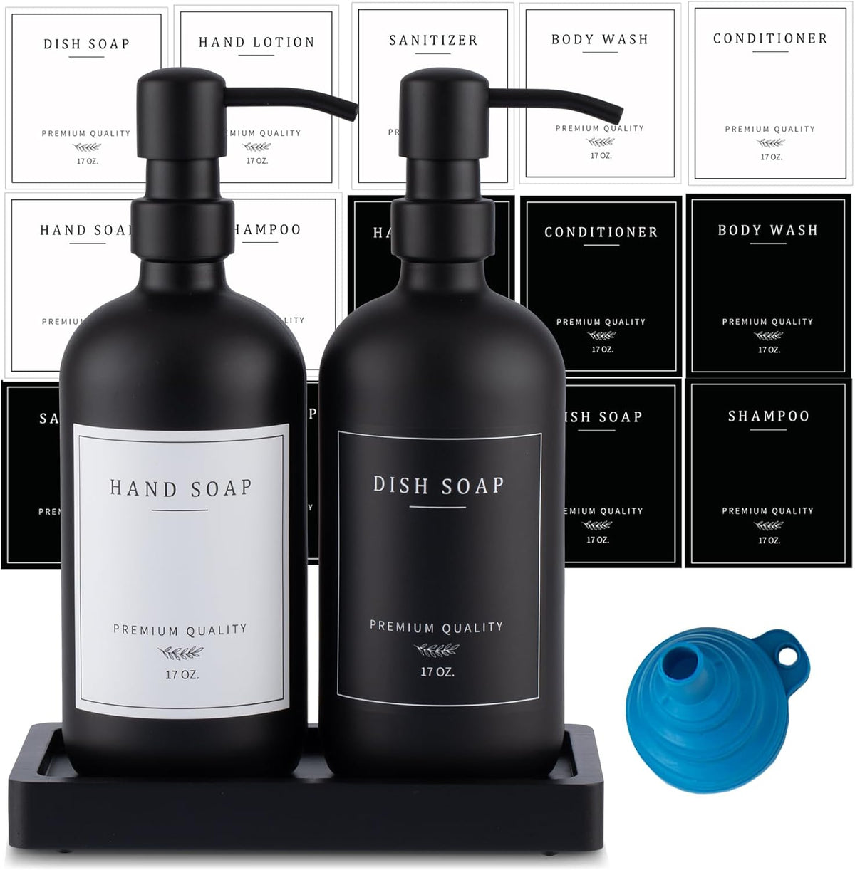 Black Thick Glass Soap Dispenser - Farmhouse Kitchen Dish &Hand Soap Dispenser Set, 304 Rustproof