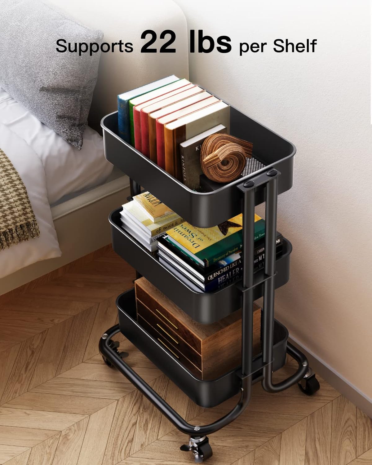 Pipishell 3 Tier Metal Rolling Utility Cart, Heavy-Duty Storage Rolling Cart with 2 Lockable