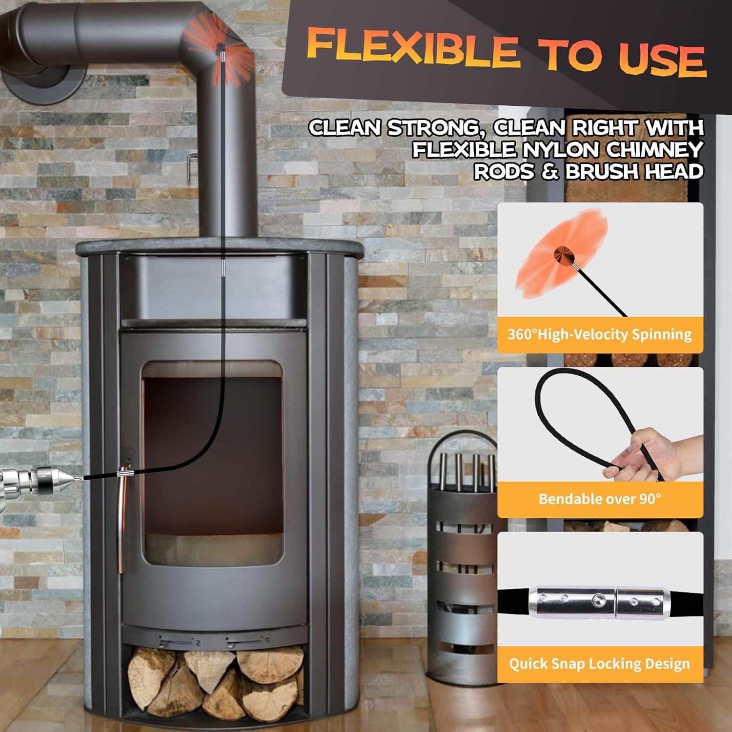 20 Feet Chimney Sweep Kit, Chimney Cleaning Kit with 6 Flexible Black Chimney Rods, Chimney Brush