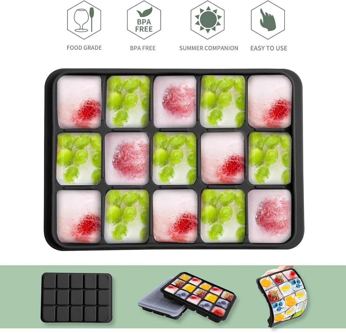 Tvmania Ice Cube Trays Set of 2, Easy Release 15 Flexible Silicone Ice Cube Molds with Removable