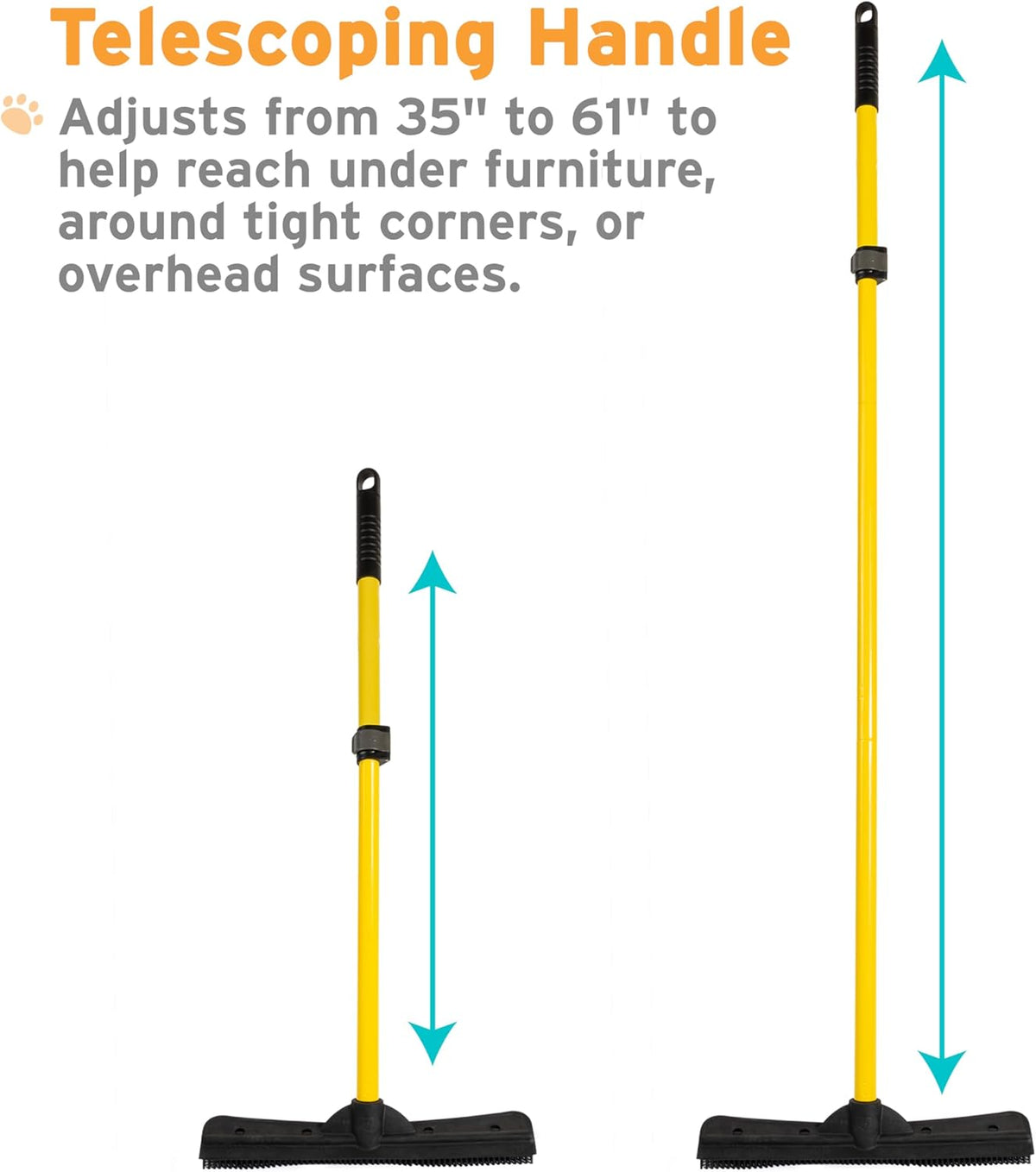 FURemover Original Plus Pet Hair Rubber Broom with Squeegee, with 61" Telescopic Handle for Carpet