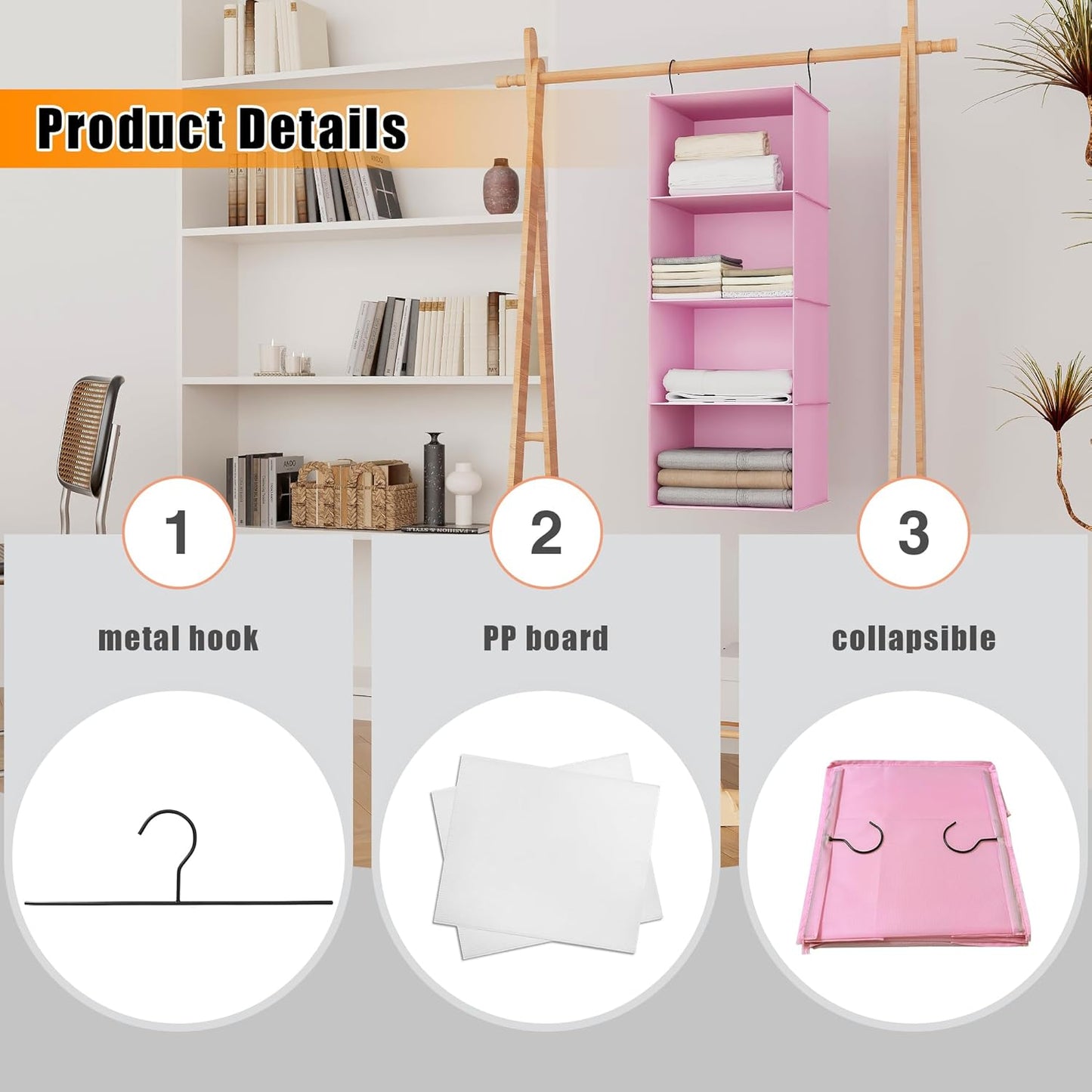 Hanging Closet Organizer, Easy Mount Foldable 4-Shelf Hanging Closet Wardrobe Storage Shelves