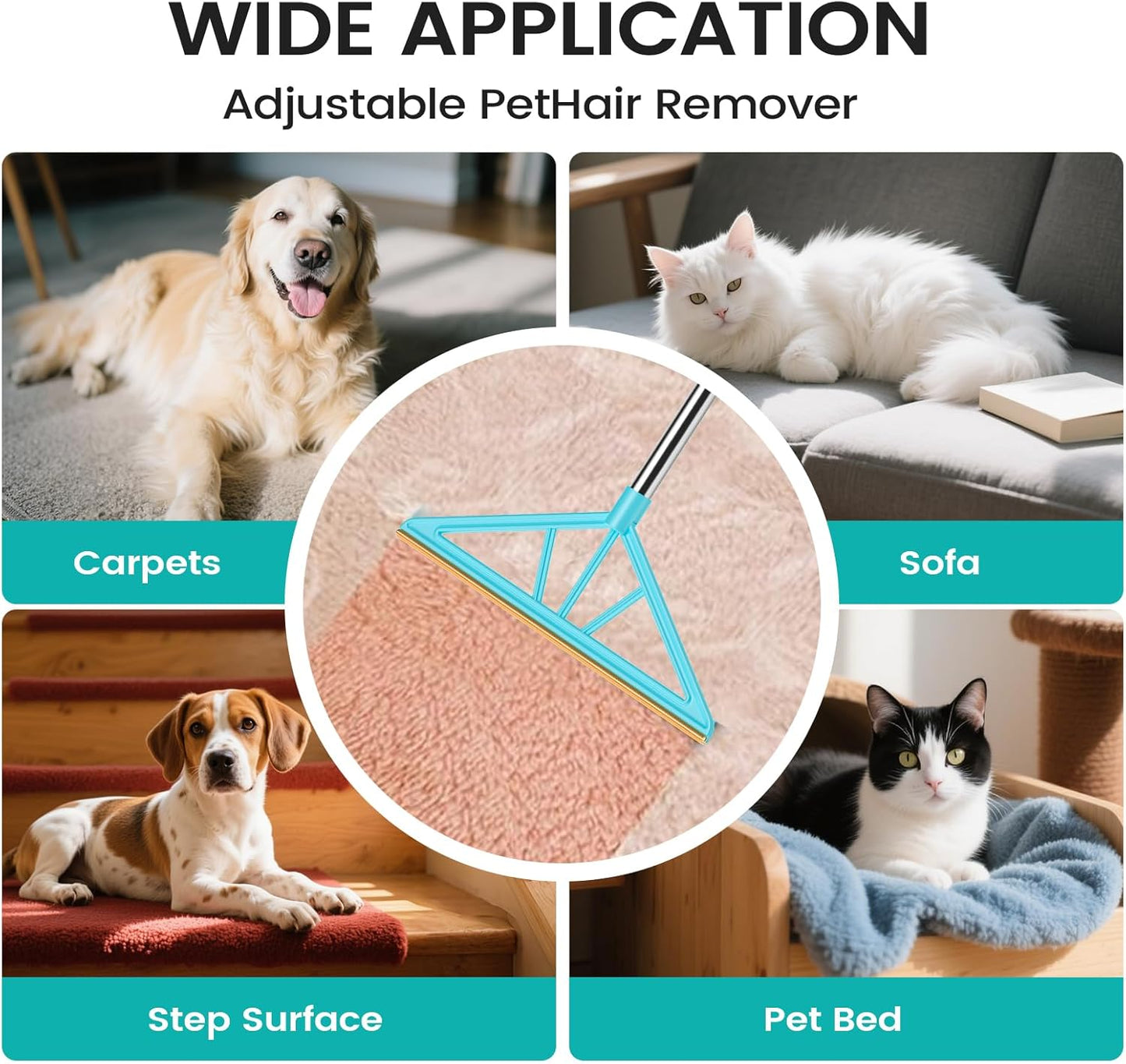 Carpet Rake for Pet Hair Removal,Reusable Pet Hair Remover, 55”Adjustable Long Handle Carpet Rake