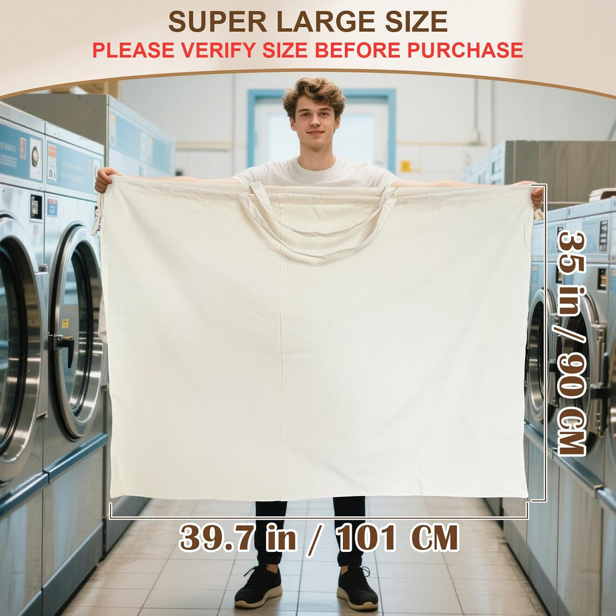 Canvas Laundry Bag 40in x 35in, Thick Cotton Laundry Bag with Handles & Drawstring, Extra Large