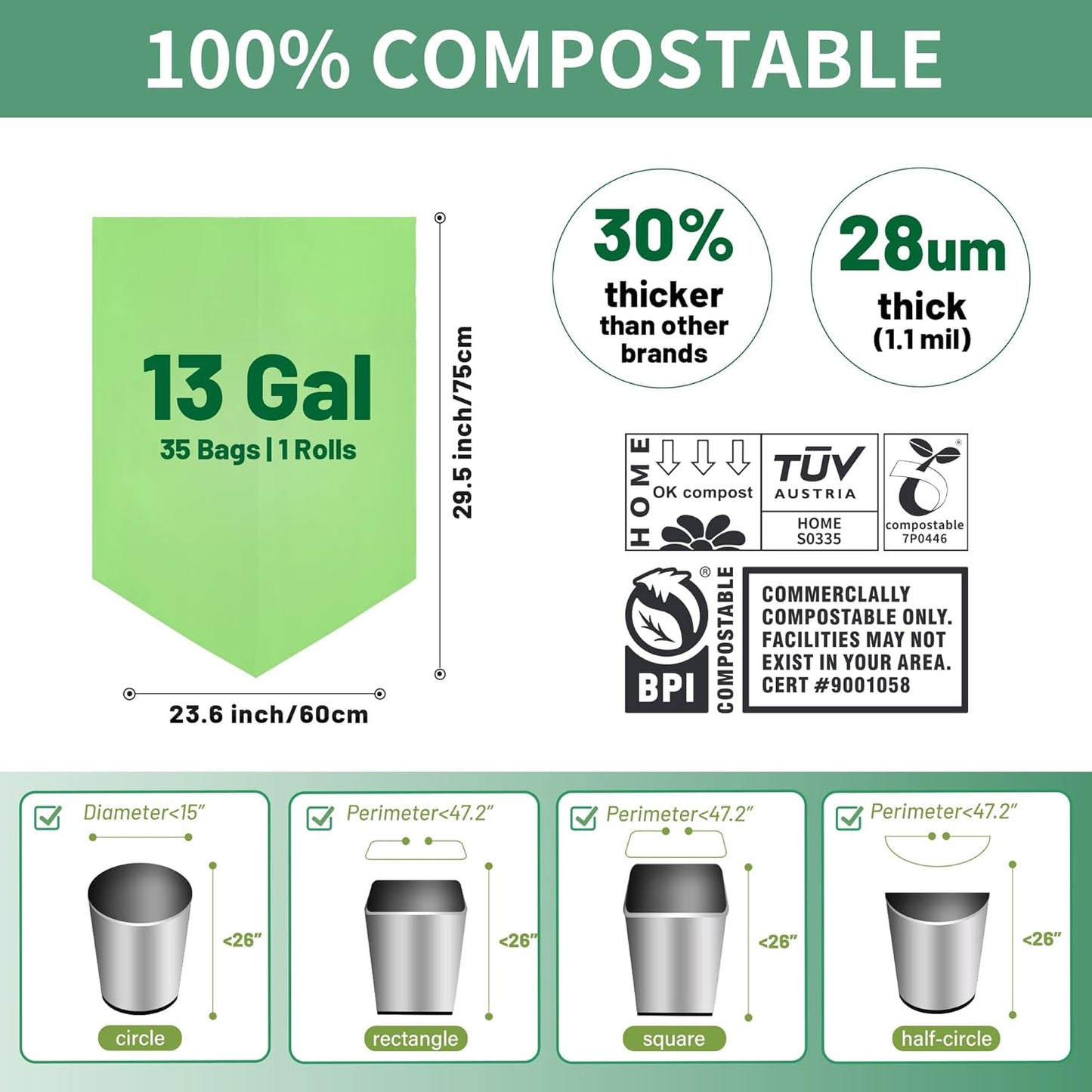 13 Gallon Trash Bags Compostable Compost Large Garbage Bag Extra Thick 1.1 Mil for Kitchen Bathroom