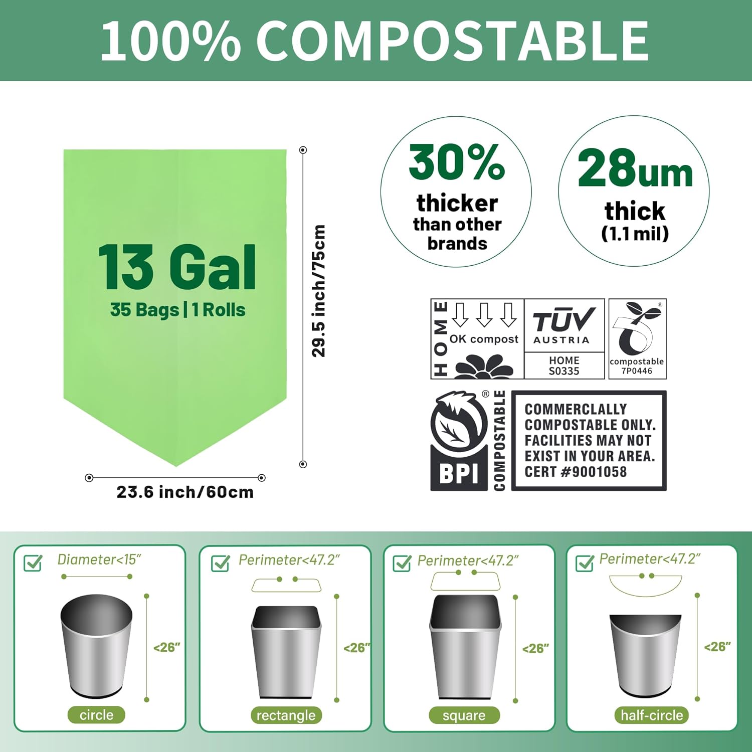 13 Gallon Trash Bags Compostable Compost Large Garbage Bag Extra Thick 1.1 Mil for Kitchen Bathroom
