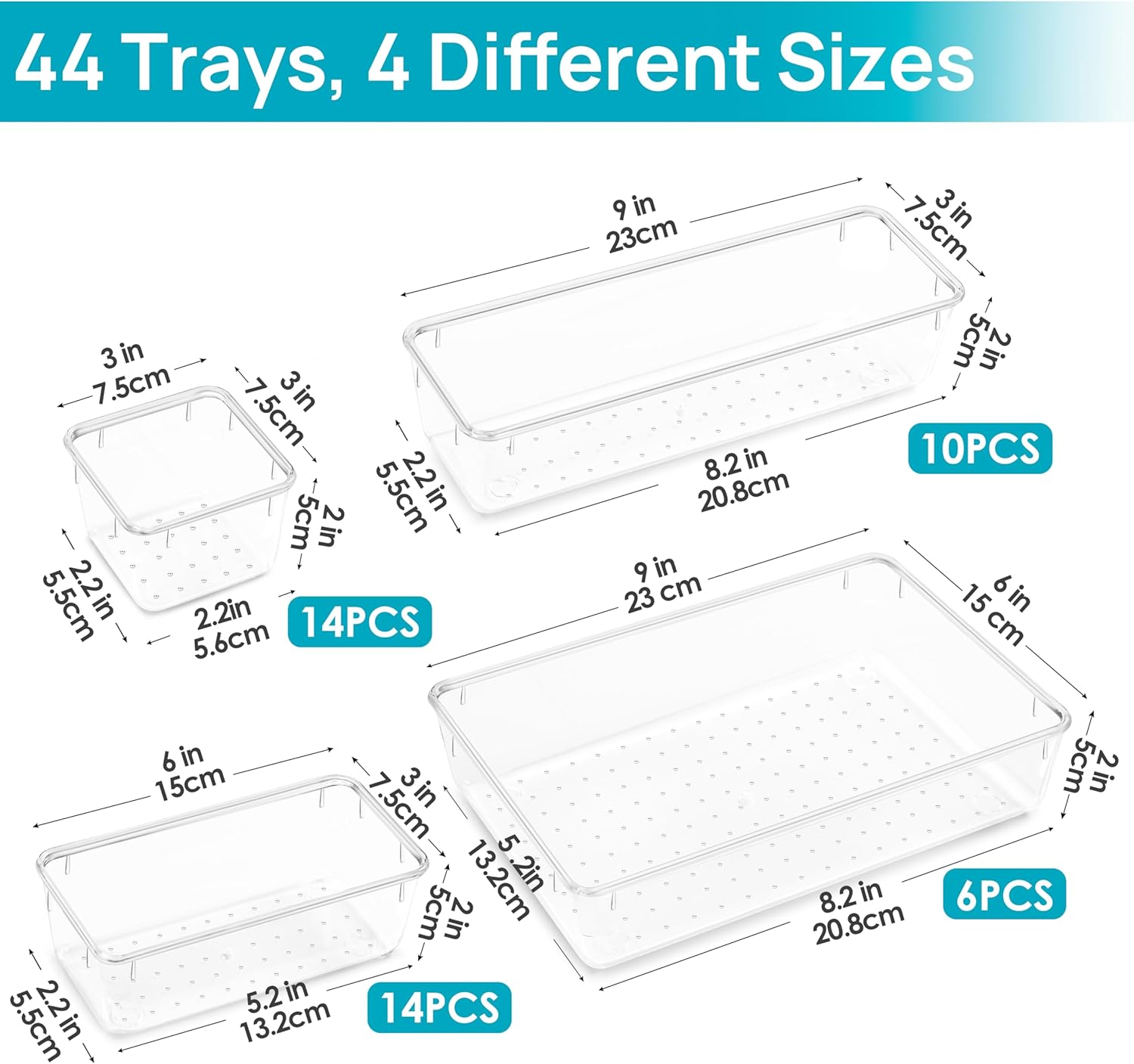 Vtopmart 44 PCS Clear Plastic Drawer Organizers Set, 4-Size Versatile Bathroom and Vanity Organizer