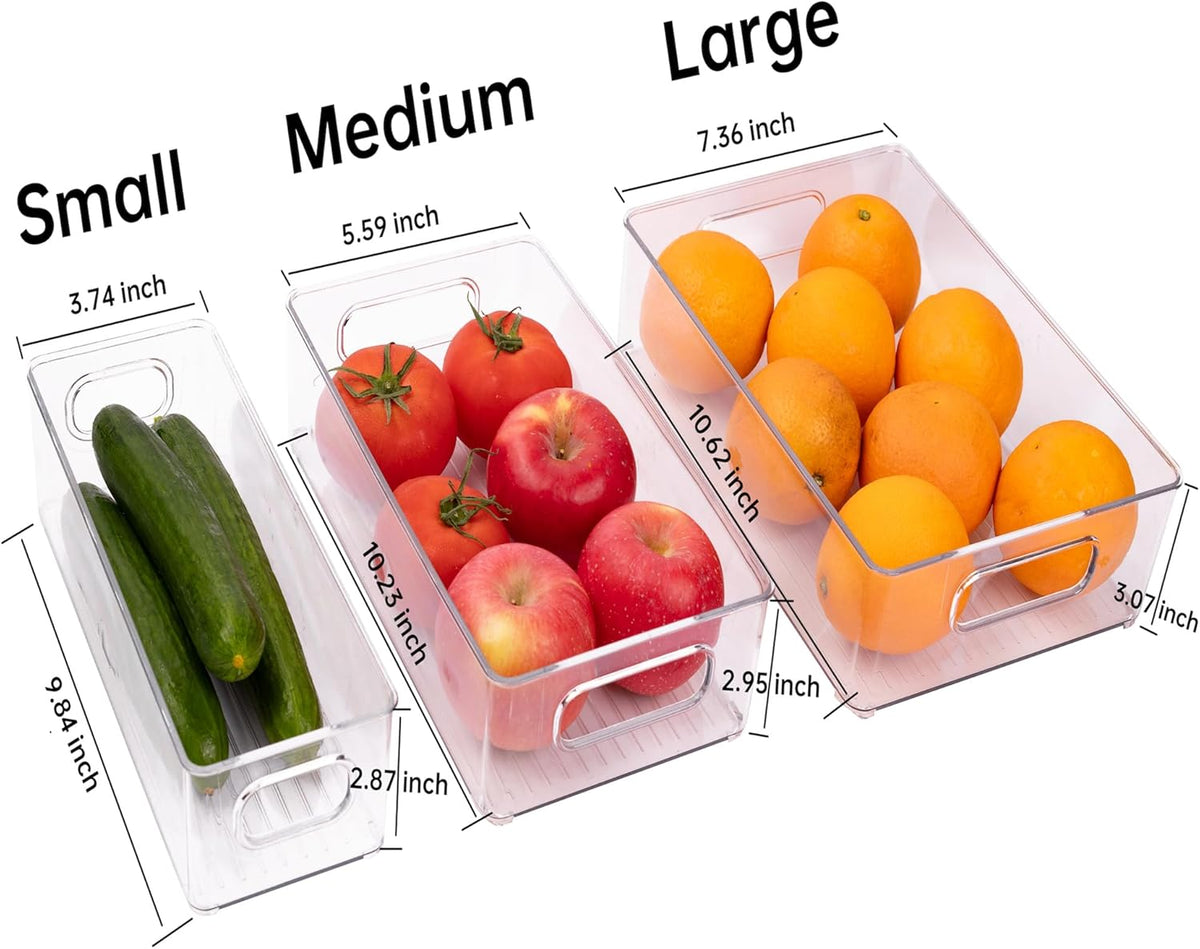 6 Pack Refrigerator Organizer Bins,3 Sizes Clear Pantry Storage with Handles and 30 PCS Plastic