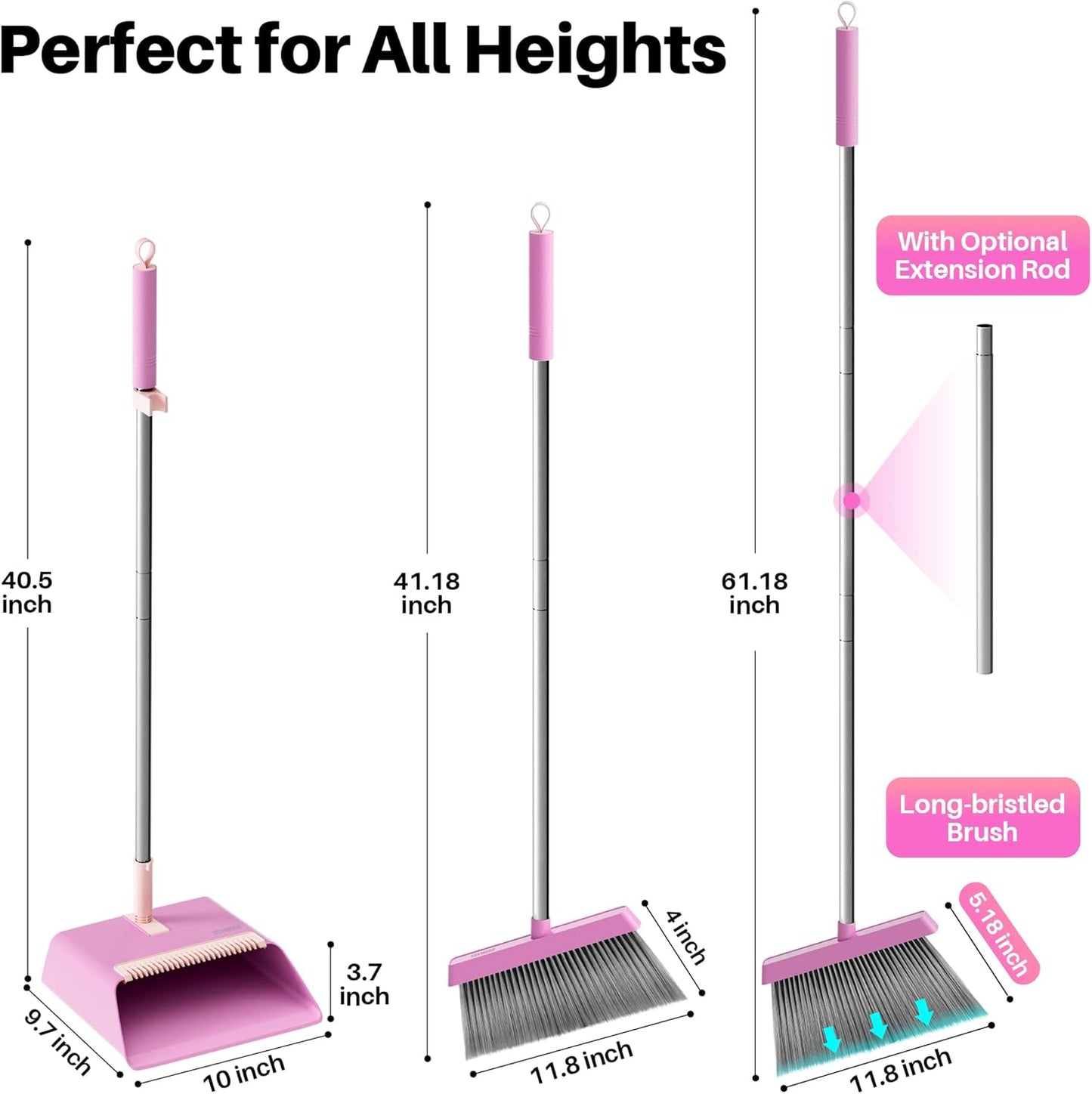 JOYMOOP Pink Broom and Dustpan Set, Upright Angle with Built-in Comb Teeth for Kitchen, Lobby, Pet