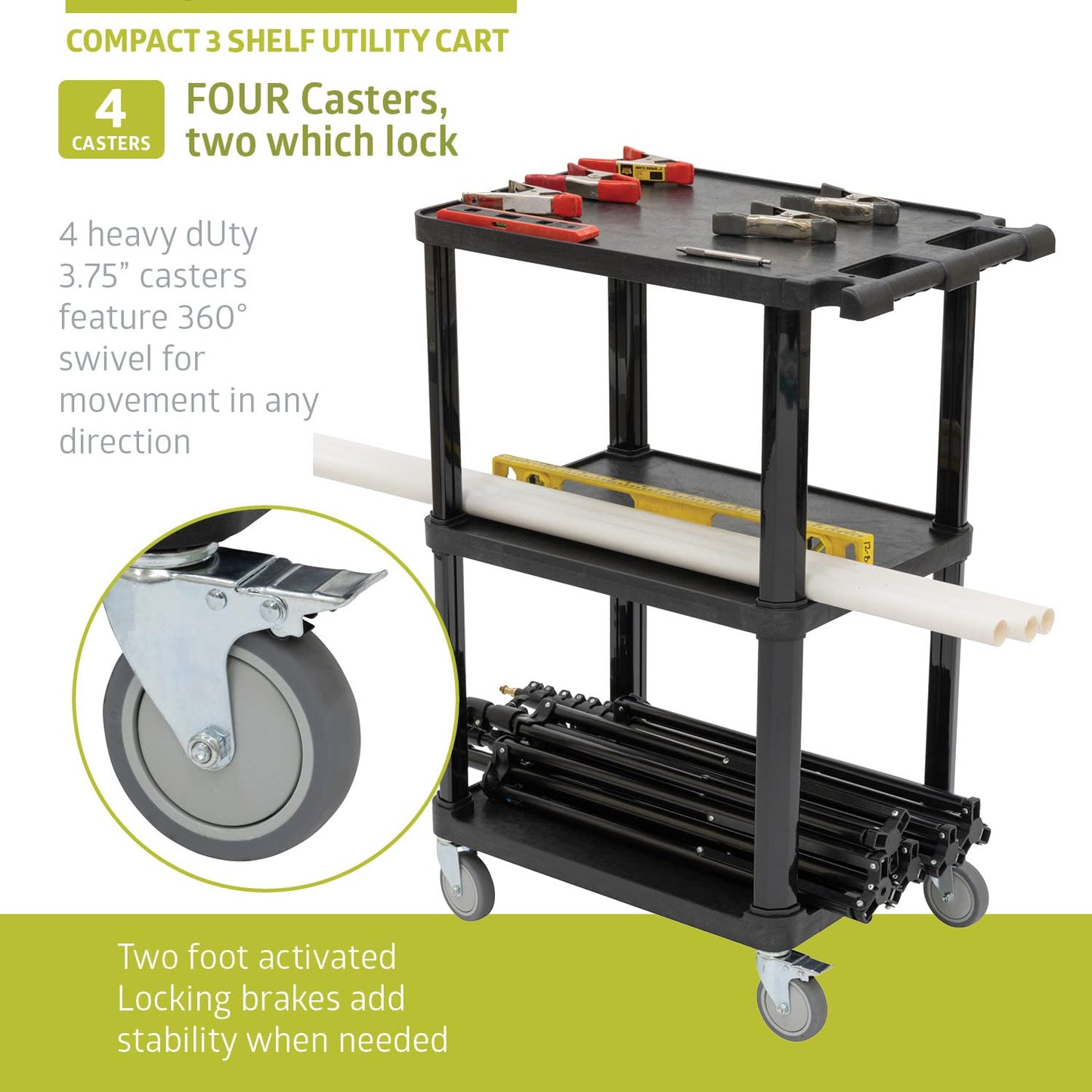 Pearington 3-Tier Compact Multi-Purpose Plastic Utility Cart with Lockable Wheels up to 300LBS
