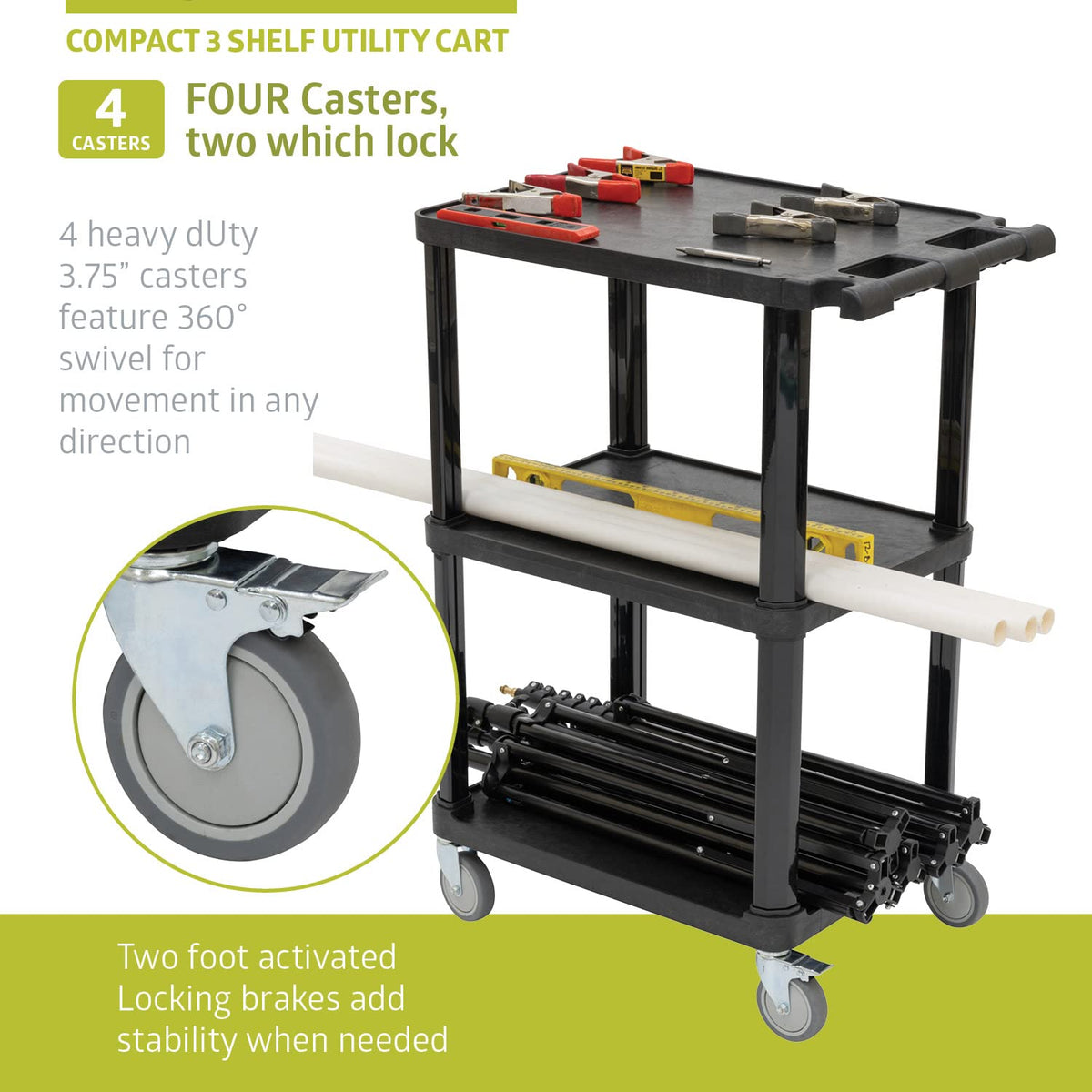 Pearington 3-Tier Compact Multi-Purpose Plastic Utility Cart with Lockable Wheels up to 300LBS
