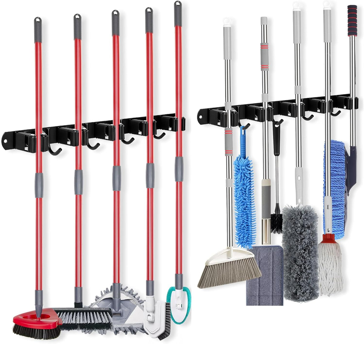 voze [2 Pack] 5 Racks and 4 Hooks Mop and Broom Holder Wall Mount, Self Adhesive Heavy Duty Broom