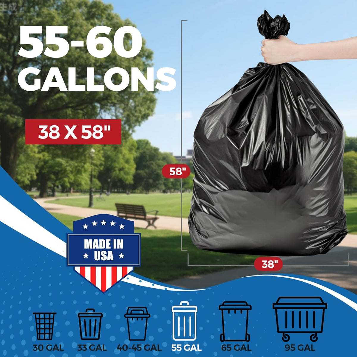 Fuxury 55-60 Gallon Heavy Duty Trash Bags, 100 Count Black Garbage Bags, 23 Mic Thick, 38x58 in