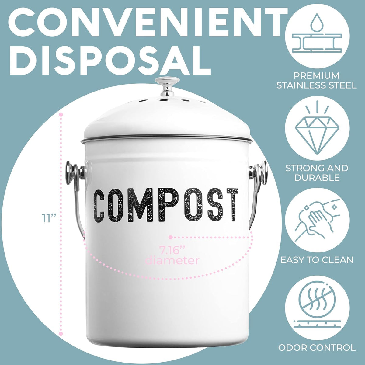 EPICA Countertop Compost Bin Kitchen | 1.3 Gallon | Odorless Composting Bin with Carbon Filters |