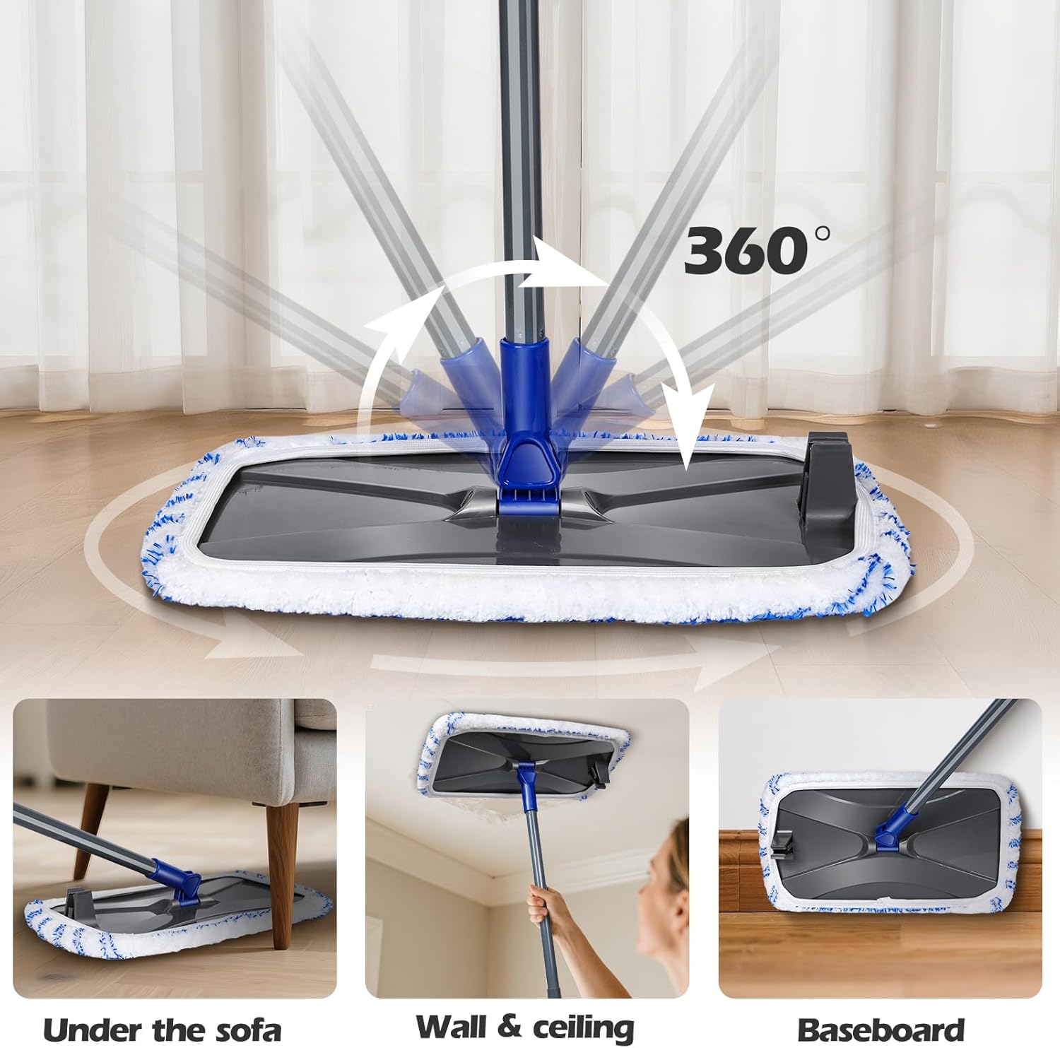 MASTERTOP Microfibre Flat Mop, Extended Wet Dry Large Floor Mop with 5 Reusable Pads & Telescopic