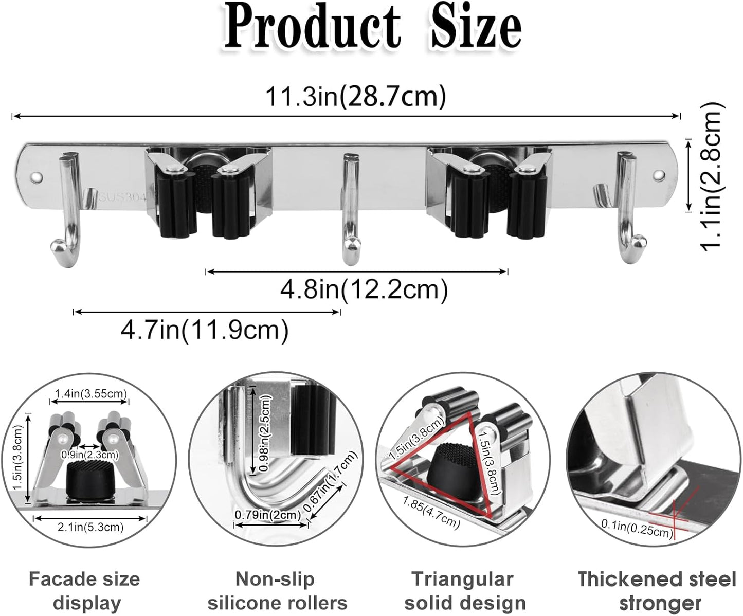 2 Racks and 3 Hooks Broom and Mop Holder Wall Mounted Garage Organizer Storage Tool Racks Stainless
