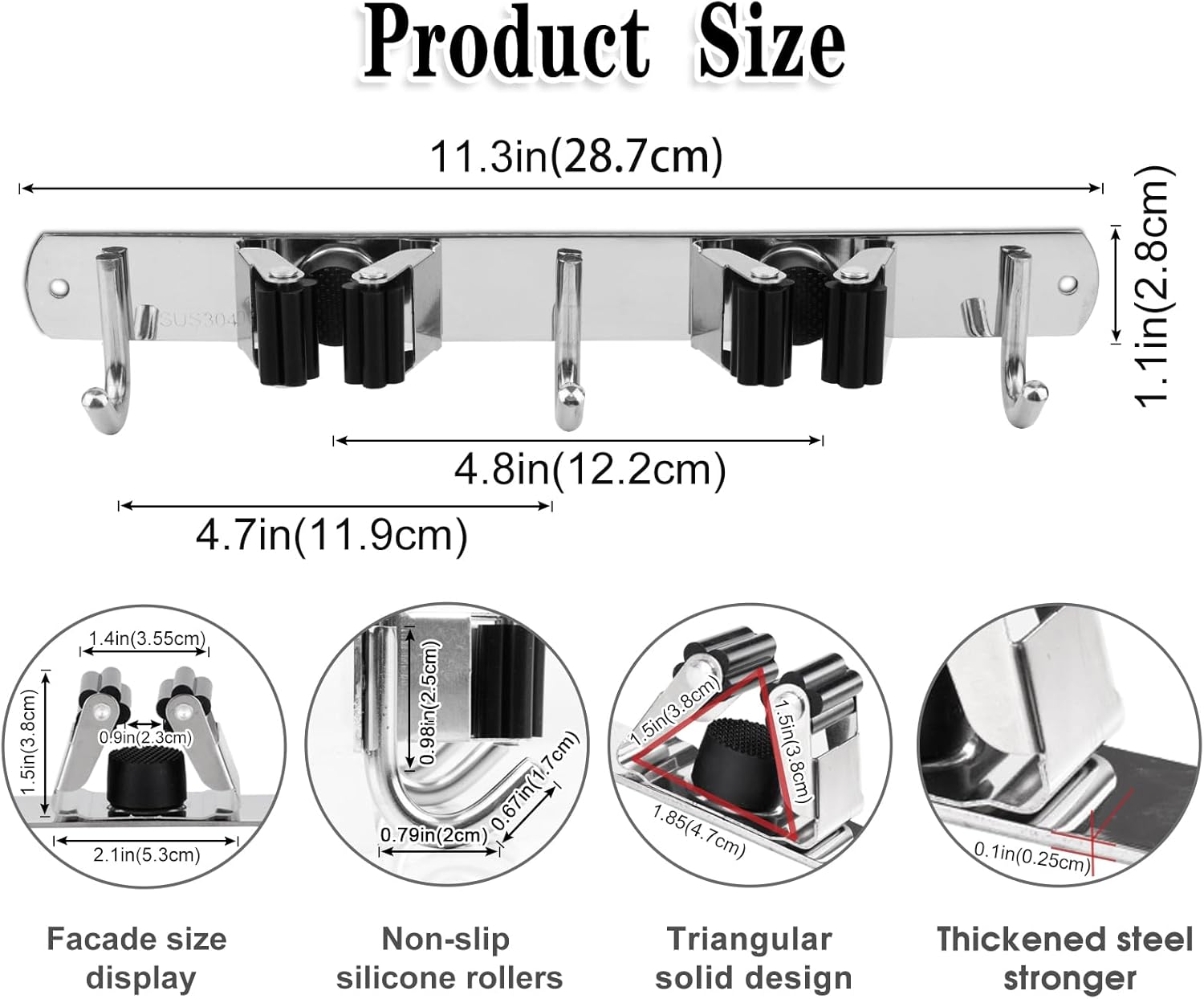 2 Racks and 3 Hooks Broom and Mop Holder Wall Mounted Garage Organizer Storage Tool Racks Stainless