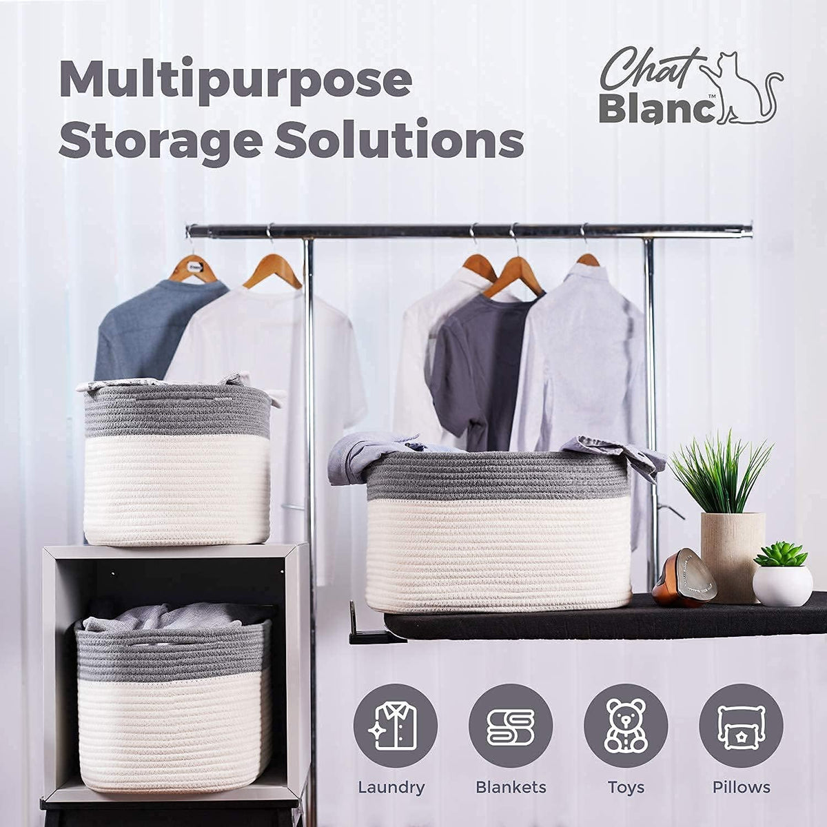 CHAT BLANC Cotton Rope Baskets for Organizing | Storage Baskets for Shelves | Rope Basket for