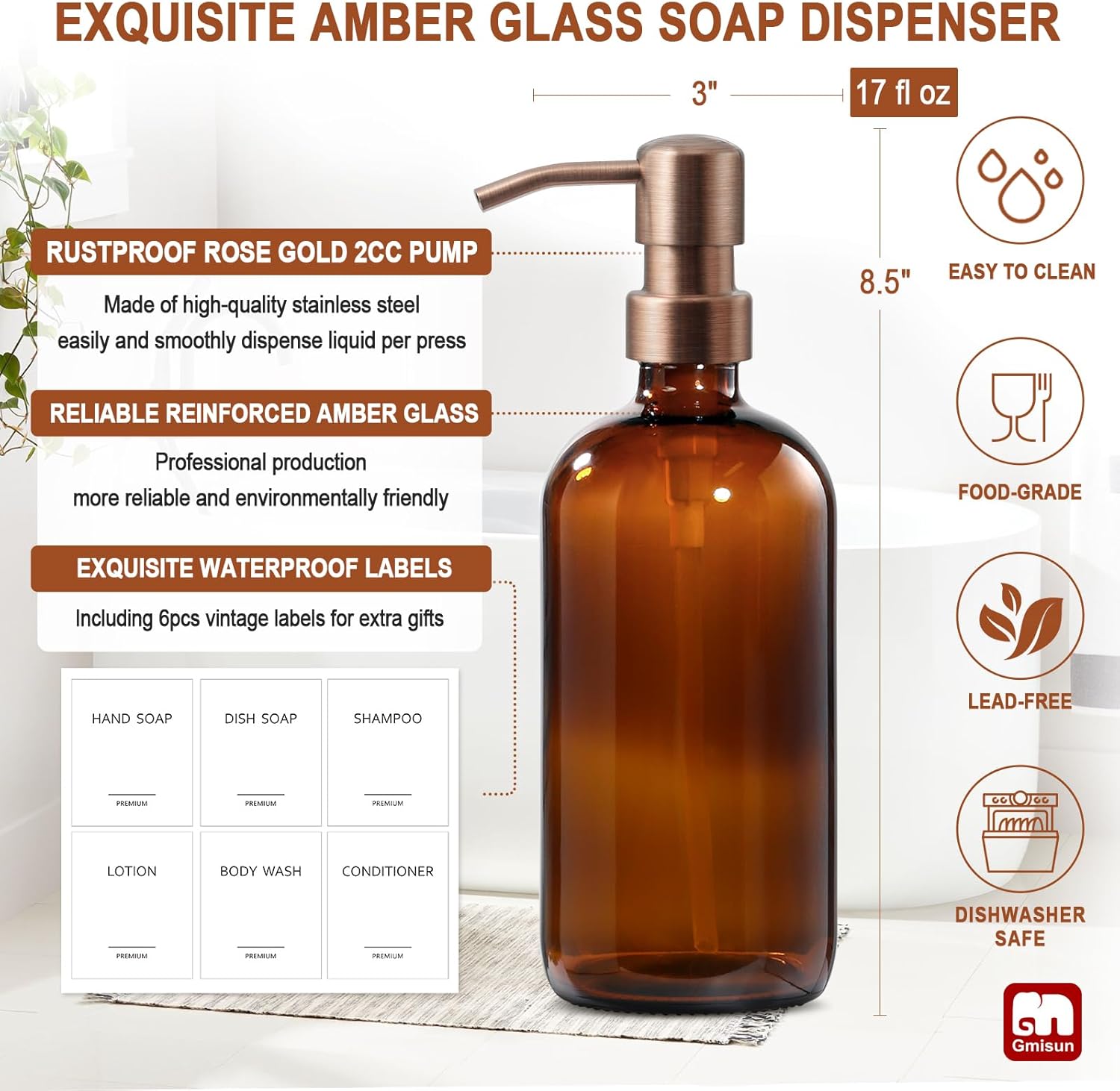 GMISUN Amber Glass Soap Dispenser, 2 Pack Bathroom Hand Soap Dispensers with Rose Gold Pump, 17 Fl