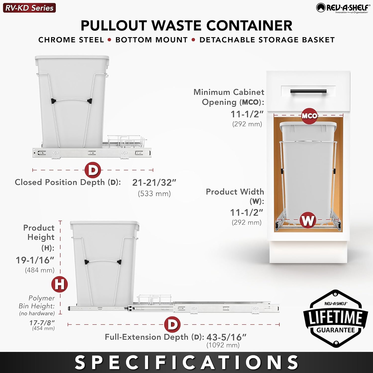 Rev-A-Shelf Pullout Trash Can for Kitchen Cabinets 35 Quart Garbage Waste Recycling Bin with Full