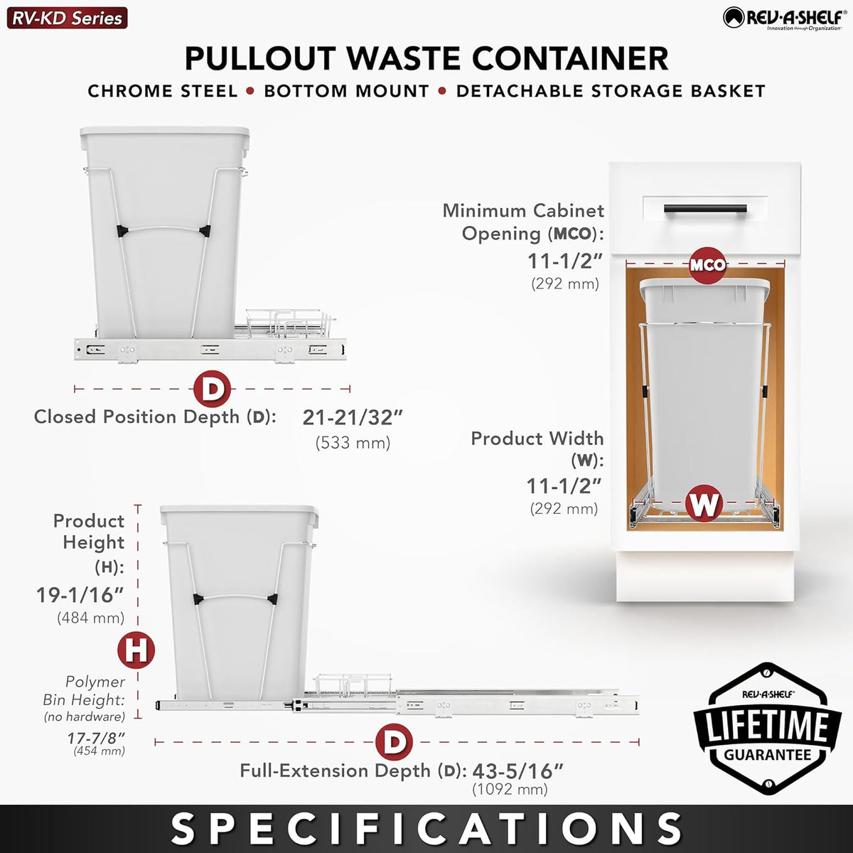 Rev-A-Shelf Pullout Trash Can for Kitchen Cabinets 35 Qt Garbage Waste Recycling Bin w/ Full