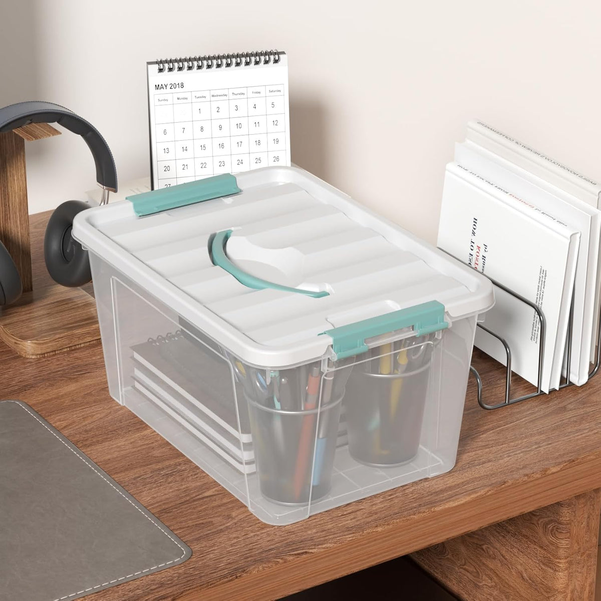 Xyskin 14 Quart Clear Storage Bins with Lid and Green Handle, Storage Latch Box/Bin Organizing