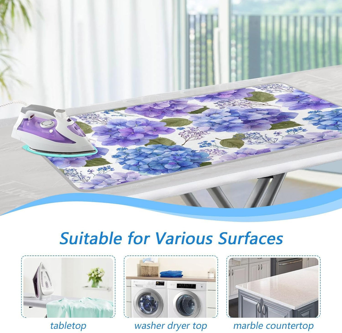 Purple Hydrangea Herb Ironing Mat for Table top Portable Ironing Pad Blanket for Washer Dryer