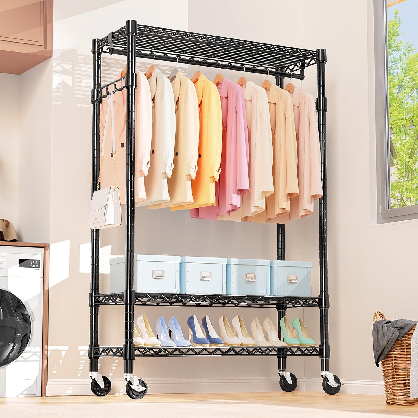 Heavy Duty Rolling Garment Rack 3 Tiers Adjustable Wire Shelving Clothes Rack with Rods and Side