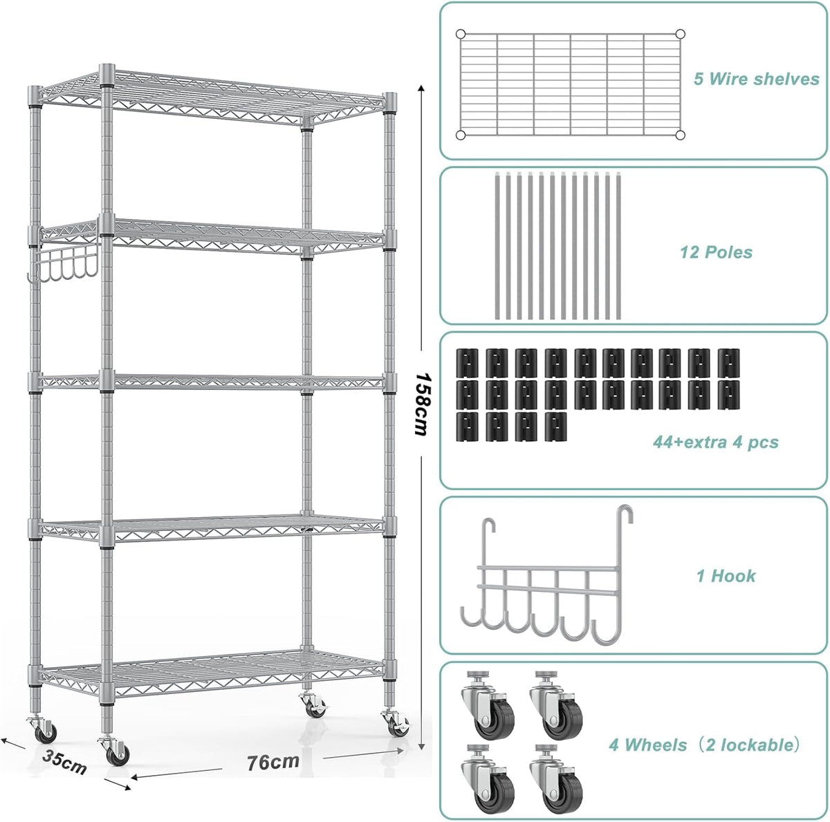Himimi 5-Tier Storage Shelf Wire Shelving Unit on Wheels, Adjustable Heavy Duty Metal Shelves with