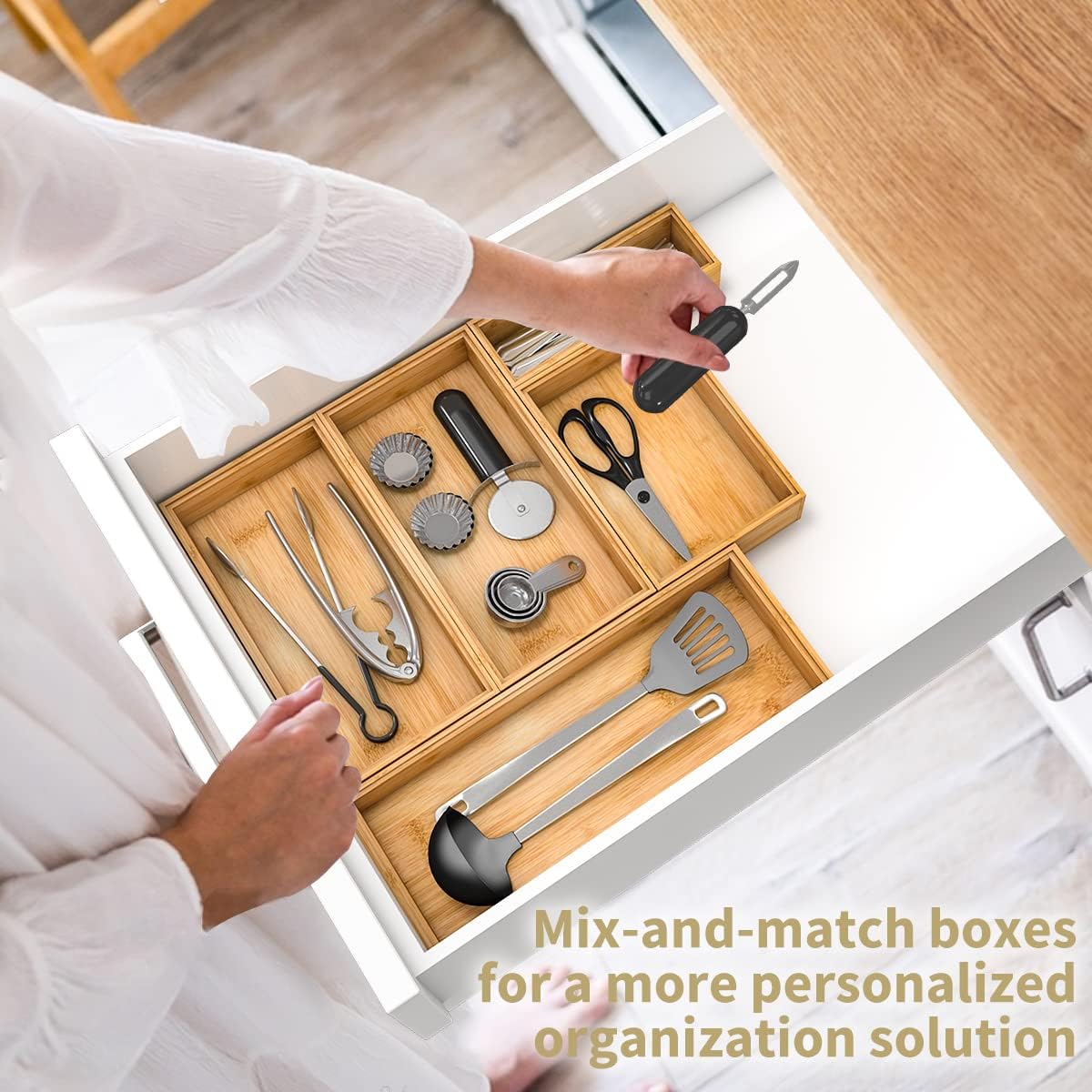 Bamboo Kitchen Drawer Organizer,Stackable Silverware Tray Utensil Organizer Cutlery Holder for