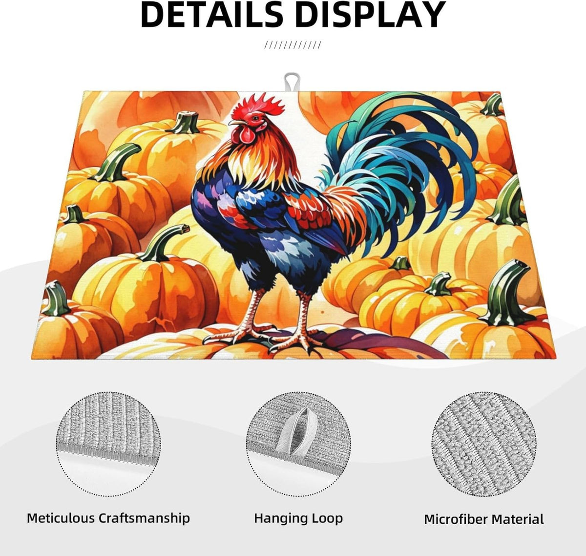 Rooster Pumpkin Dish Drying Mat Highly Absorbent Double-Sided Microfiber with Hanging Loop