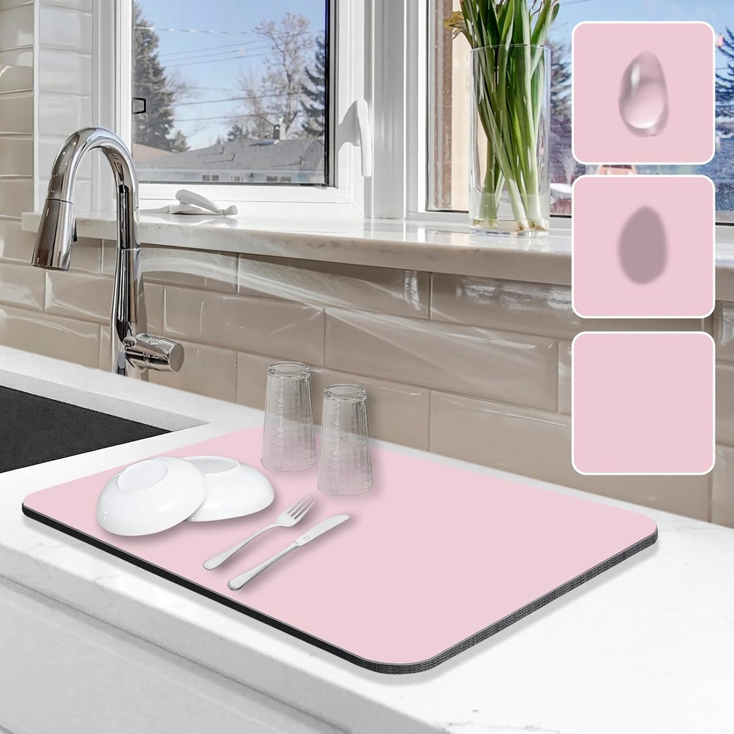 Dish Drying Mat for Kitchen Counter, 12"x19" Dish Drying Pad with Non-slip Rubber Backed, Hide