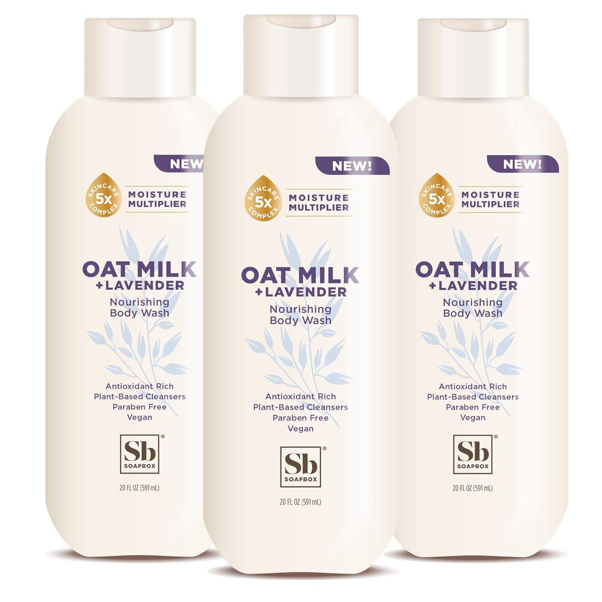 Soapbox Body Wash, Oat Milk + Lavender Body Wash, Vegan & Moisturizing, Calming with Shea Butter, 3
