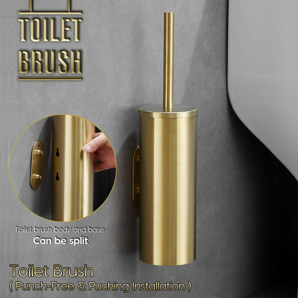 Gold Brushed Stainless Steel Toilet Brush and Cover, No-Punch Hook Base Dual Purpose Toilet Brush