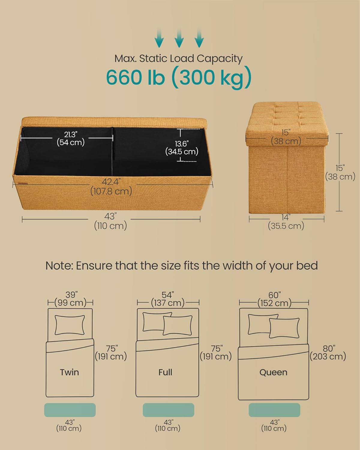 SONGMICS Mazie Collection - Storage Ottoman Bench, 43 Inches Folding Foot Rest Stool, End of Bed