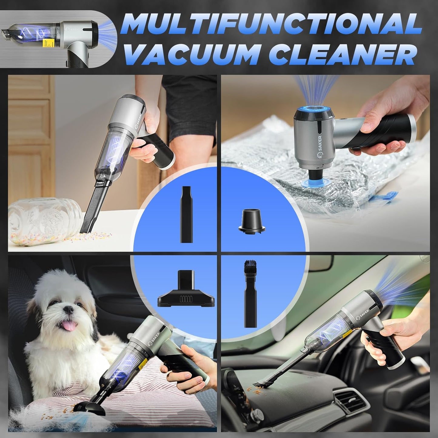 Saker Handheld Car Vacuum Portable Cordless17000PA Mini Vacuums Rechargeable Foldable Vacuum