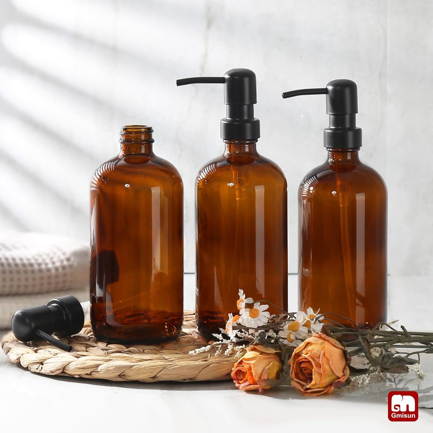 GMISUN Shampoo and Conditioner Dispenser, 3 Pack Amber Glass Bathroom Shampoo Conditioner Body Wash