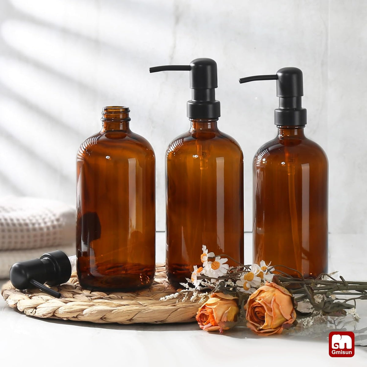 GMISUN Shampoo and Conditioner Dispenser, 3 Pack Amber Glass Bathroom Shampoo Conditioner Body Wash