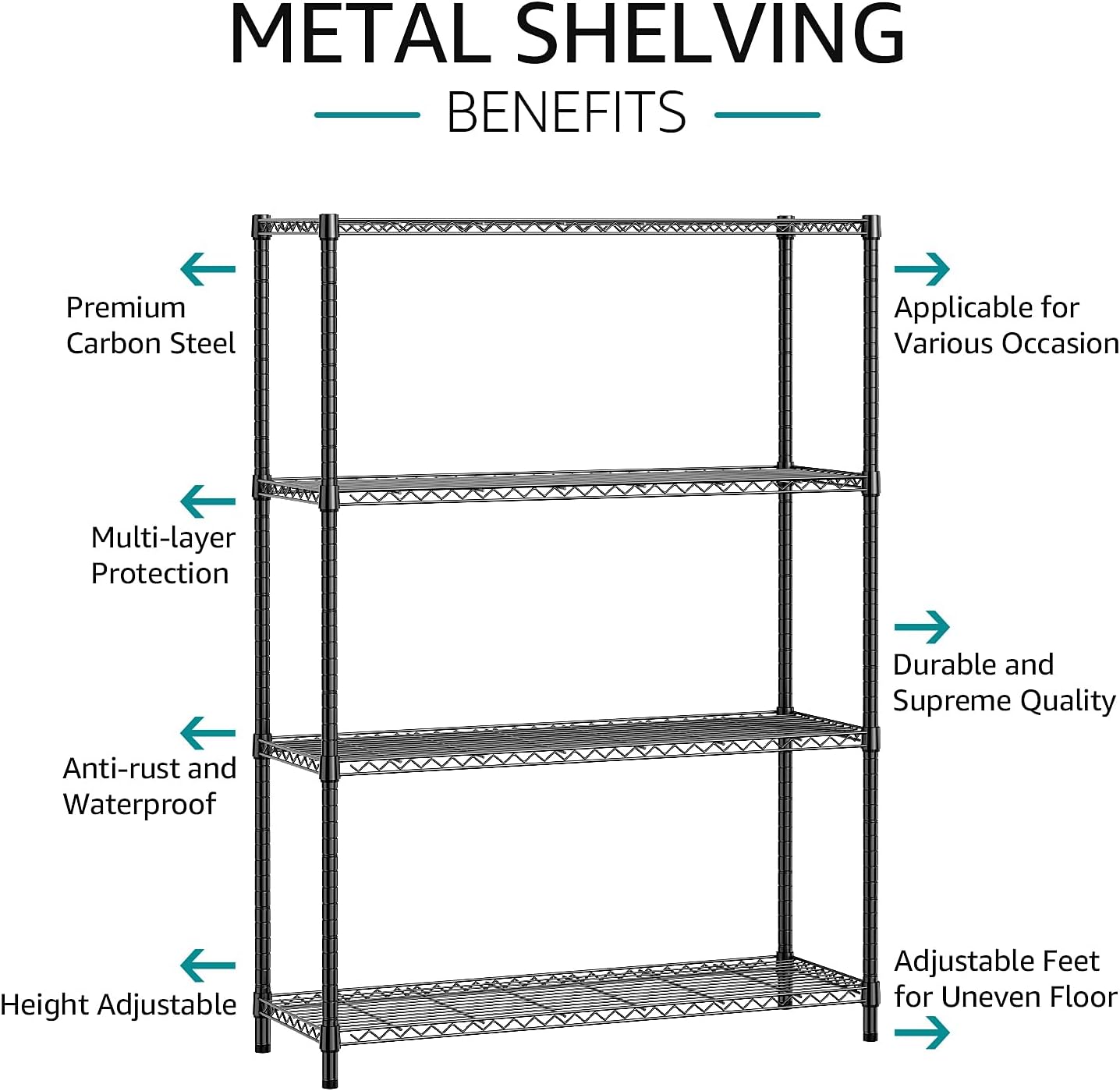 IZEUK 1400 LBS Garage Black Shelving Wide Storage Shelves 4 Tier Adjustable Heavy Duty Metal Wire
