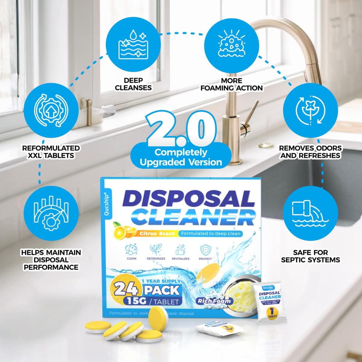 Qucship Powerful XXL Foaming Garbage Disposal Cleaner and Deodorizer Tablets - 24 Pack, Citrus