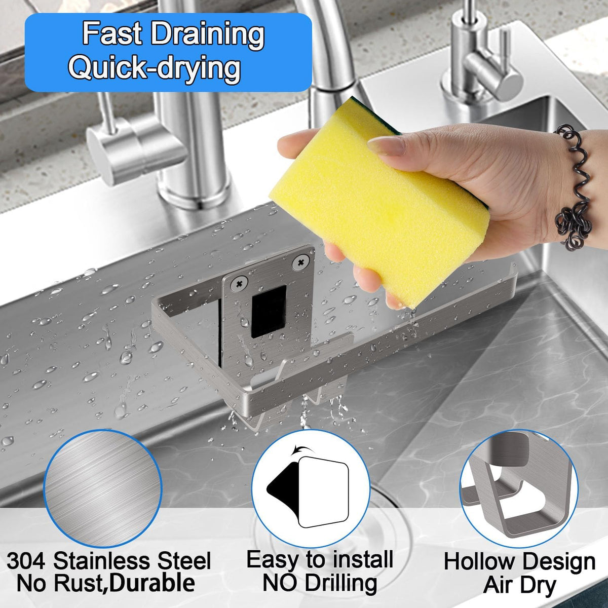Sponge Holder for Kitchen Sink, Kitchen Sink Caddy, 2 in 1 Kitchen Sink Organizer Sponge Caddy