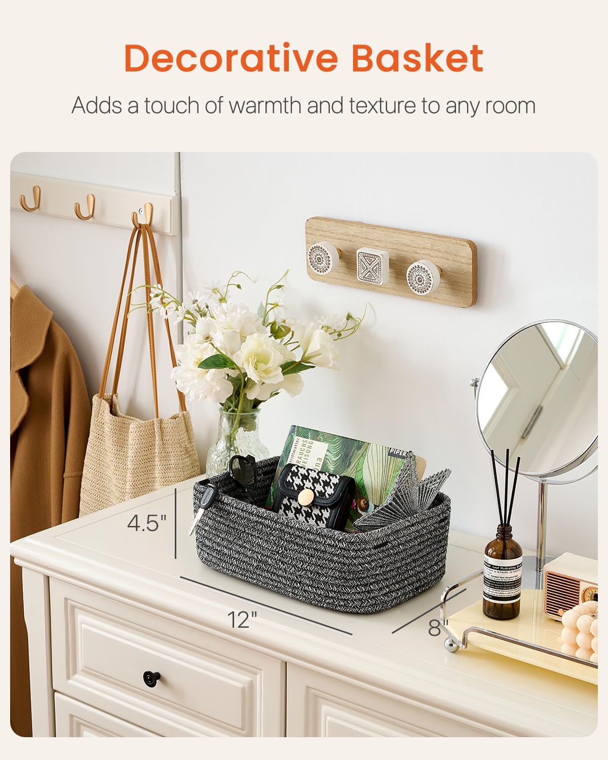 Small Woven Basket, 12 x 8 x 4.5 Inches, Storage Basket for Organizing, Cute Small Rope Shelf