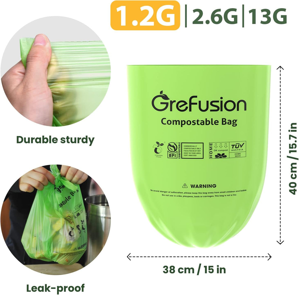 GreFusion Compostable Bags for Kitchen Compost Bin, 1.2 Gallon, 125 Count, Certified by BPI and