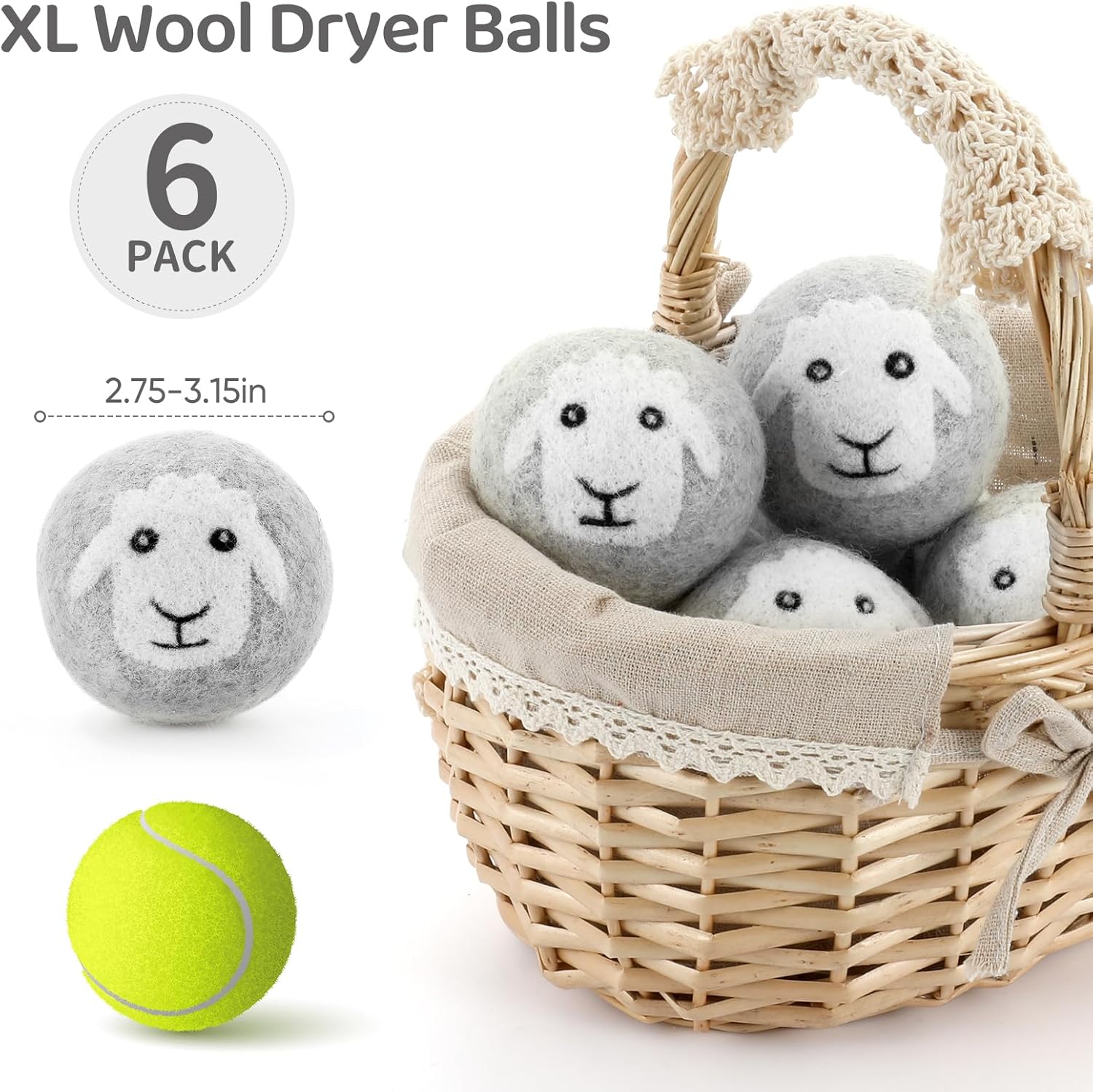 Wool Dryer Balls 6 Pack, Natural Fabric Softener, Dryer Balls Laundry Reusable, Reduces Clothing