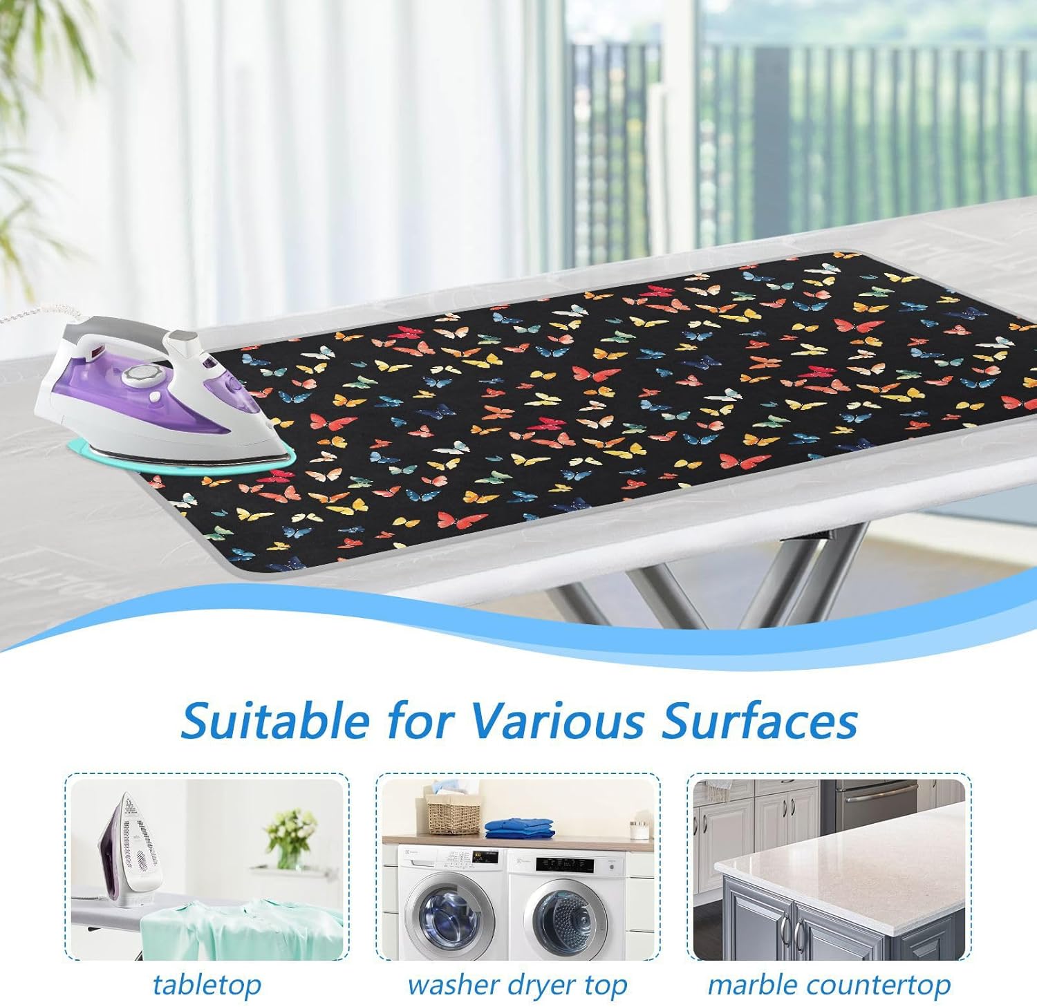 Colorful Butterfly Ironing Mat for Table top Portable Ironing Pad Blanket for Washer Dryer