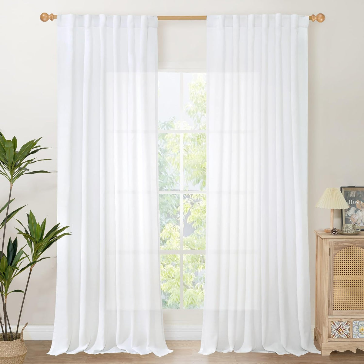 YoungsTex 84 Inch Length White Linen Curtains for Living Room, Semi Sheer Drapes with Rod Pocket
