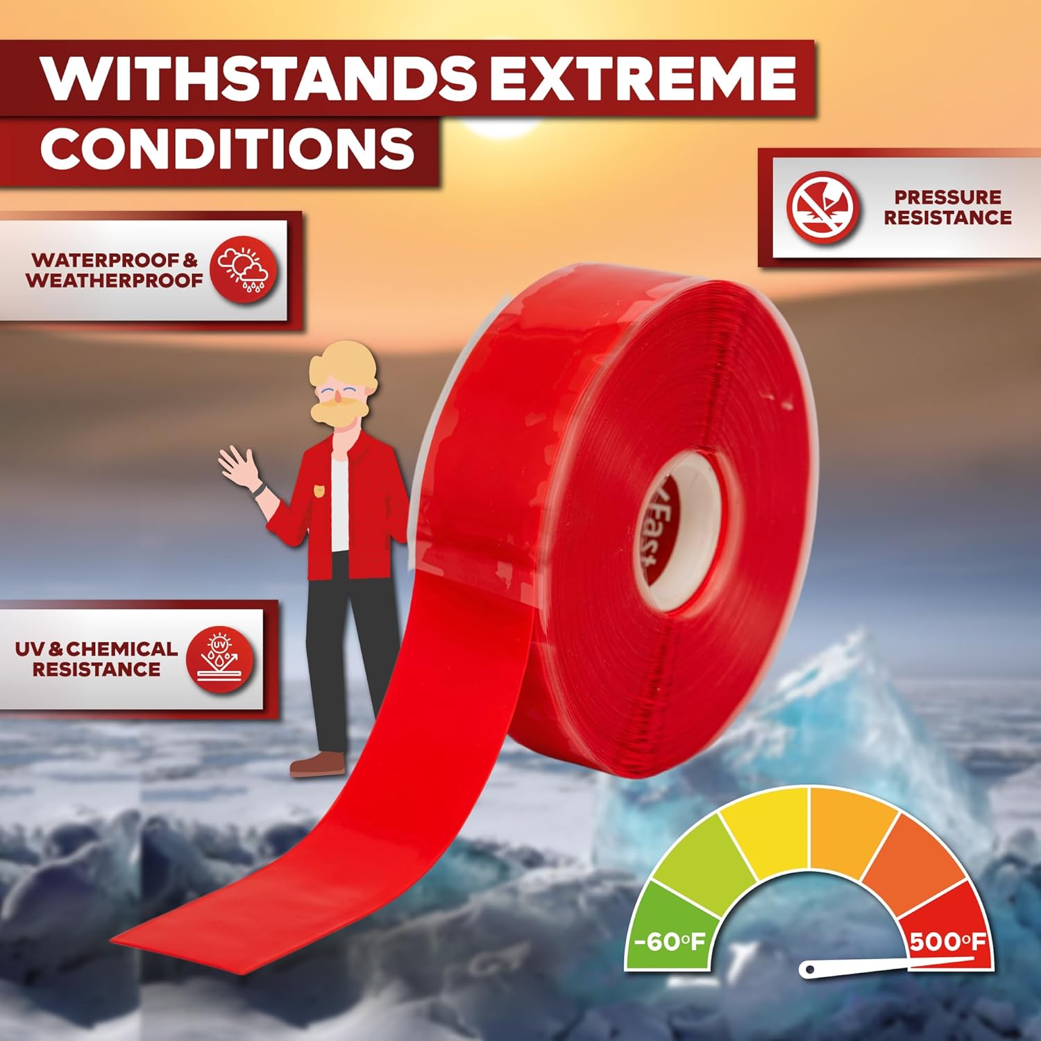 XFasten Self Fusing Silicone Tape Waterproof – 1" x 36 Feet Red, Self Amalgamating Tape, Silicone