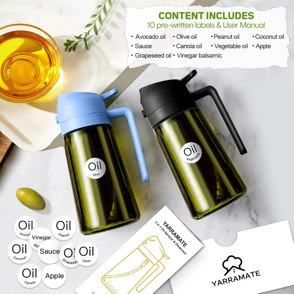YARRAMATE 16oz/470ml Dark Green Oil Sprayer for Cooking with Stickers, Food-grade Premium 2 in 1